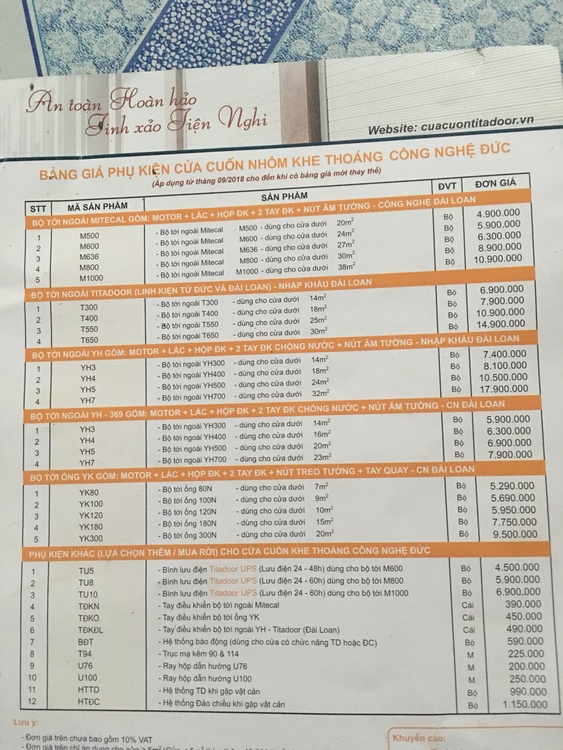 bang gia phu kien cua cuon Titadoor bien hoa dong nai